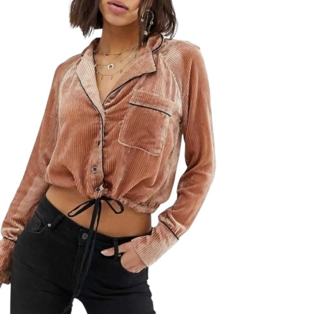 Free People Women Sm Button down Velvet Aspen nights dusty rose long sleeve top
